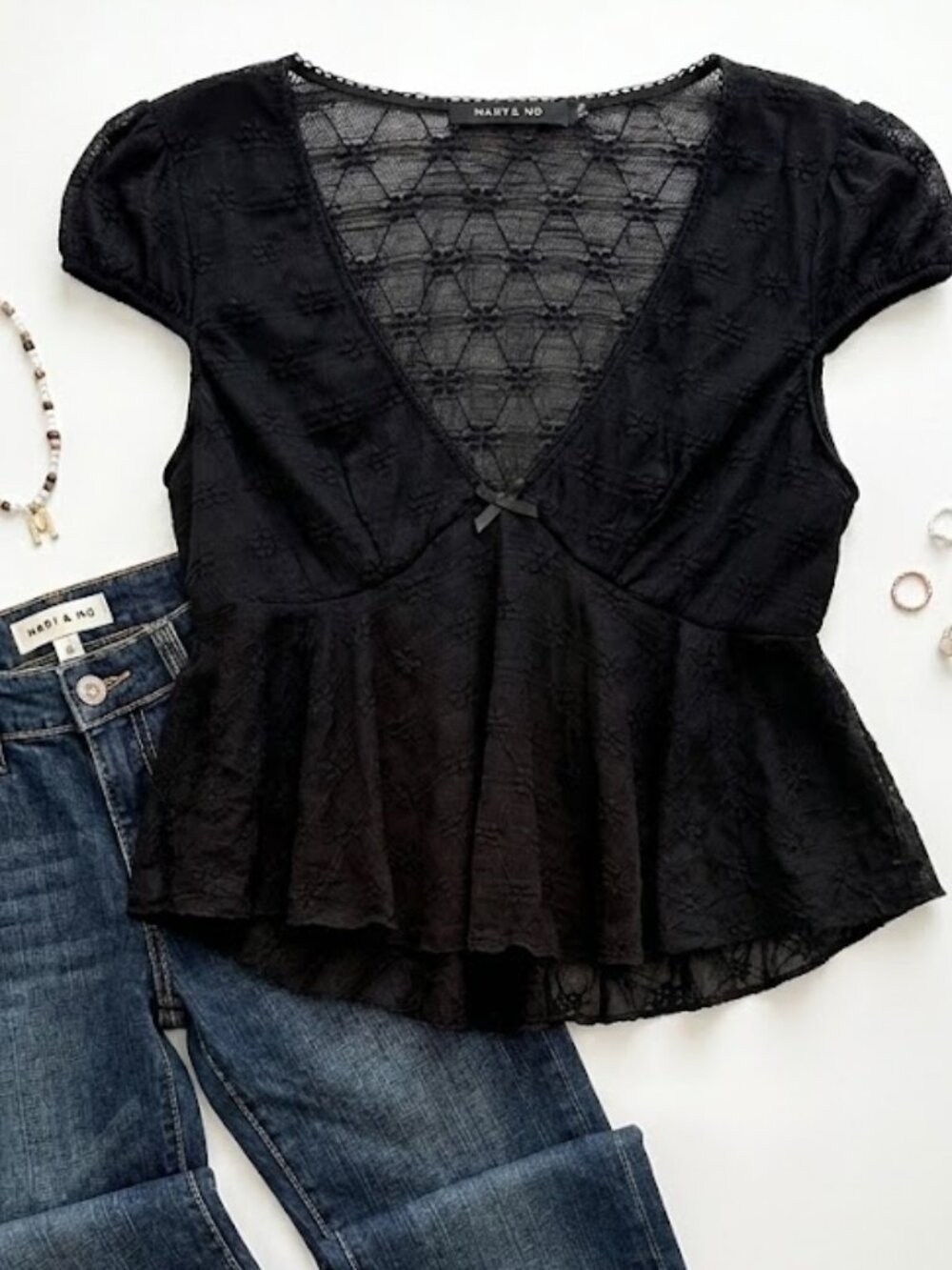 Mary & Mo Black Lace Babydoll Top XL Sheer Boho Peplum Y2K